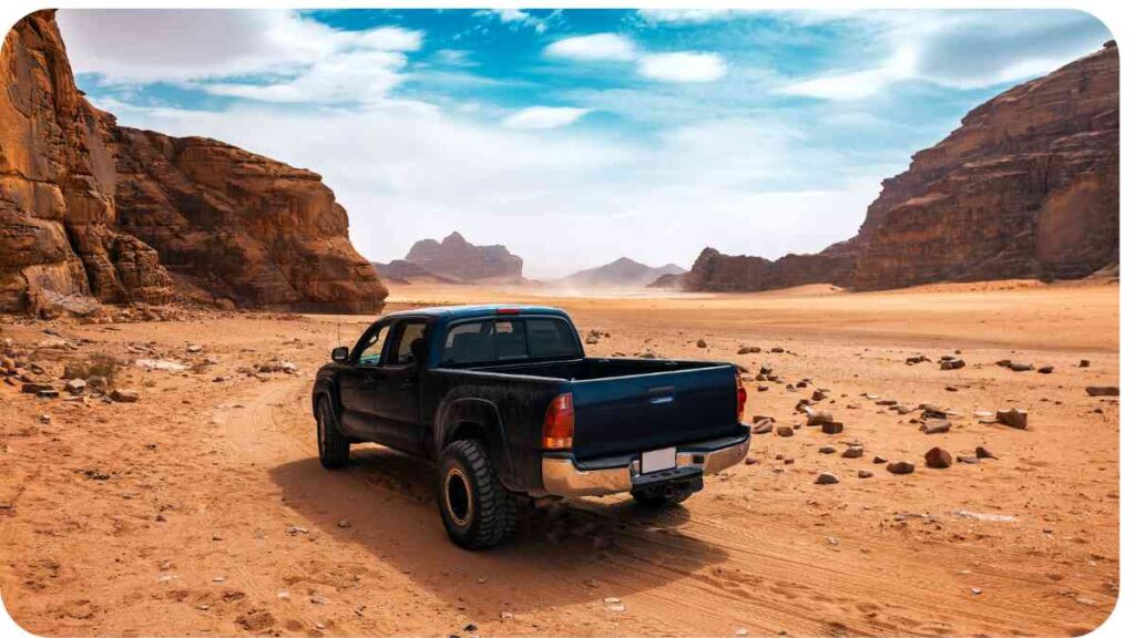 a pickup truck is parked in the middle of a desert