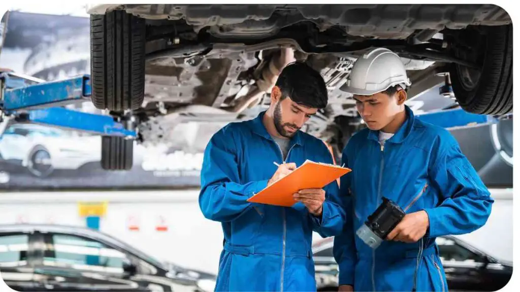 two individuals in blue overalls looking at a clipboard while working on a car