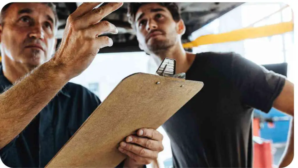 two individuals looking at a clipboard in an auto repair shop.